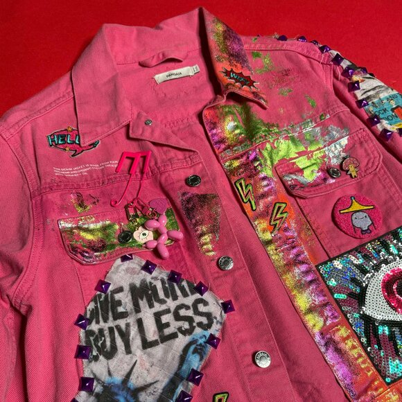 Upcycled Pink Denim Jacket and Jeans Set – Festival Outfit, Size M/26 - Picture 6 of 12